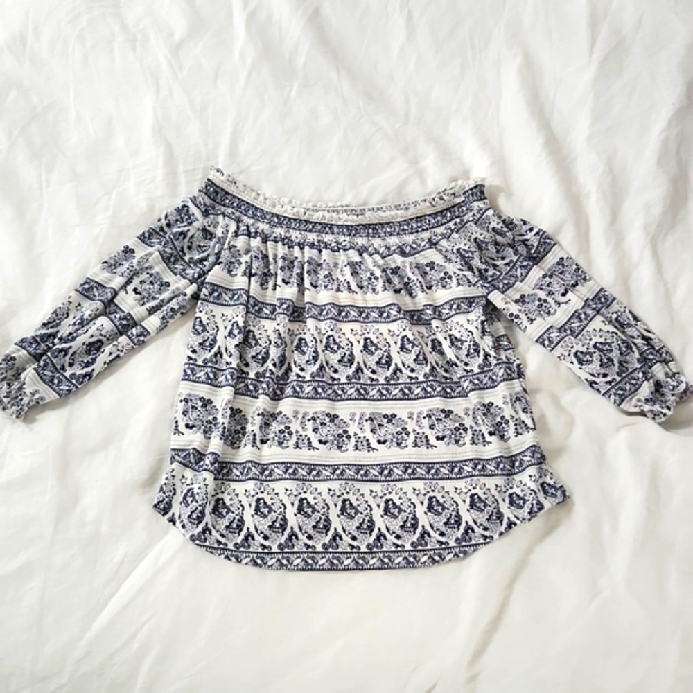 NWT Melloday women’s white and blue off shoulder half sleeve boho top - Picture 6 of 12